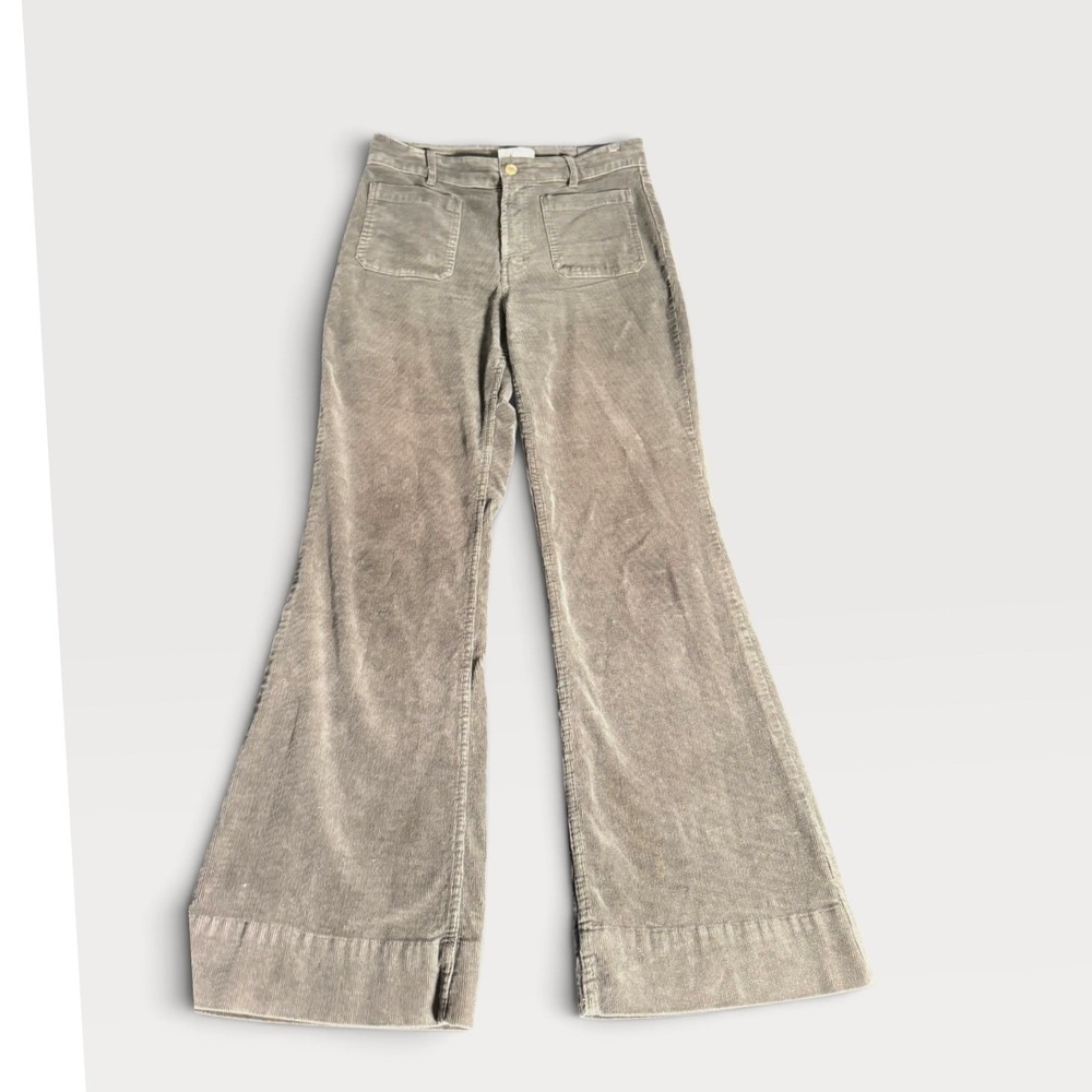 HM Women Olive Green Gray Corduroy High Waist Wide Leg Flare Pocket Pants 8
